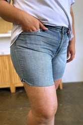 Judy Blue Full Size High Waist Raw Hem Denim Shorts OutfitFlow